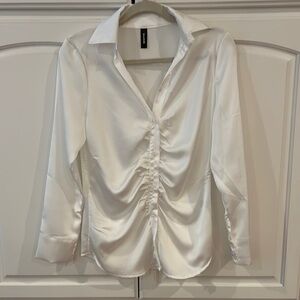 White Ruched Long Sleeve Button Down Shirt